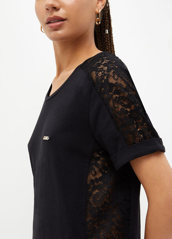 Women's Liu Jo With Lace Details T Shirts Black | GNH-051493