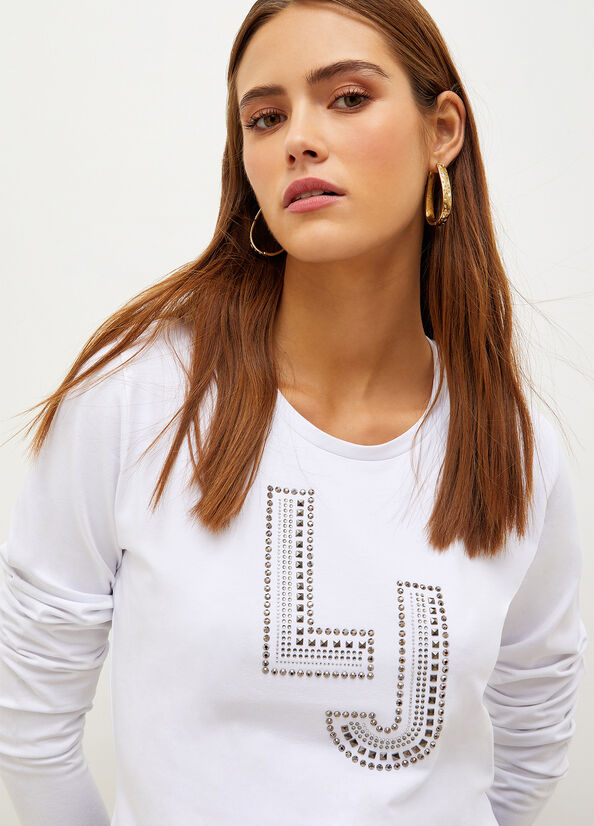 Women's Liu Jo With Logo And Gemstones T Shirts White | AQJ-516239