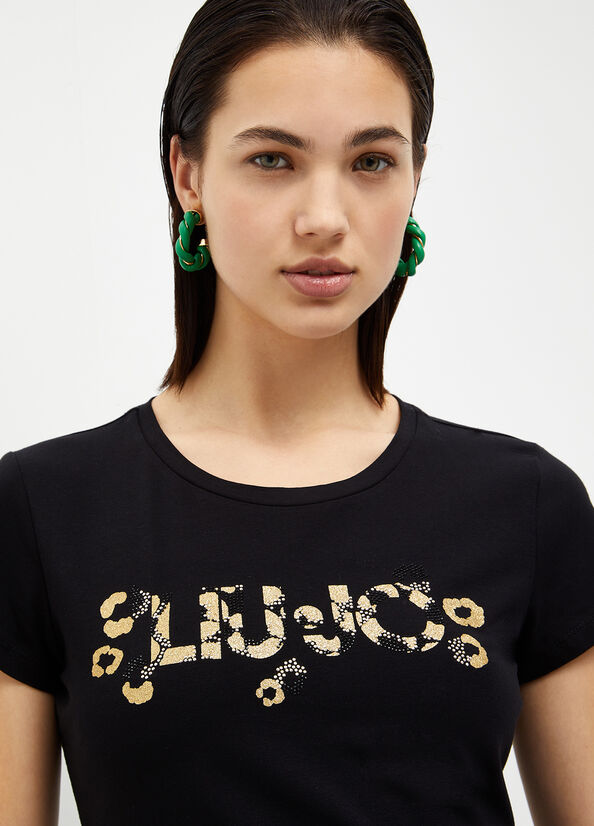 Women's Liu Jo With Logo And Gemstones T Shirts Black | LDY-504829