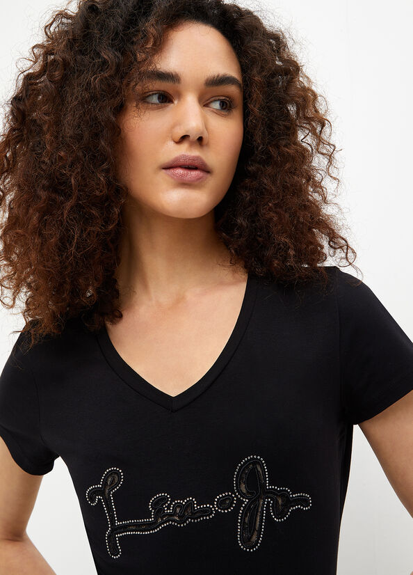 Women's Liu Jo With Logo And Gemstones T Shirts Black | RGT-176095