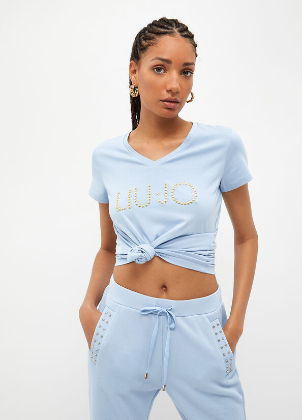 Women\'s Liu Jo With Logo And Studs Tops Light Blue | CHQ-890643