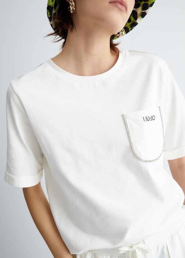 Women's Liu Jo With Pocket And Rhinestones T Shirts White | PNV-748529