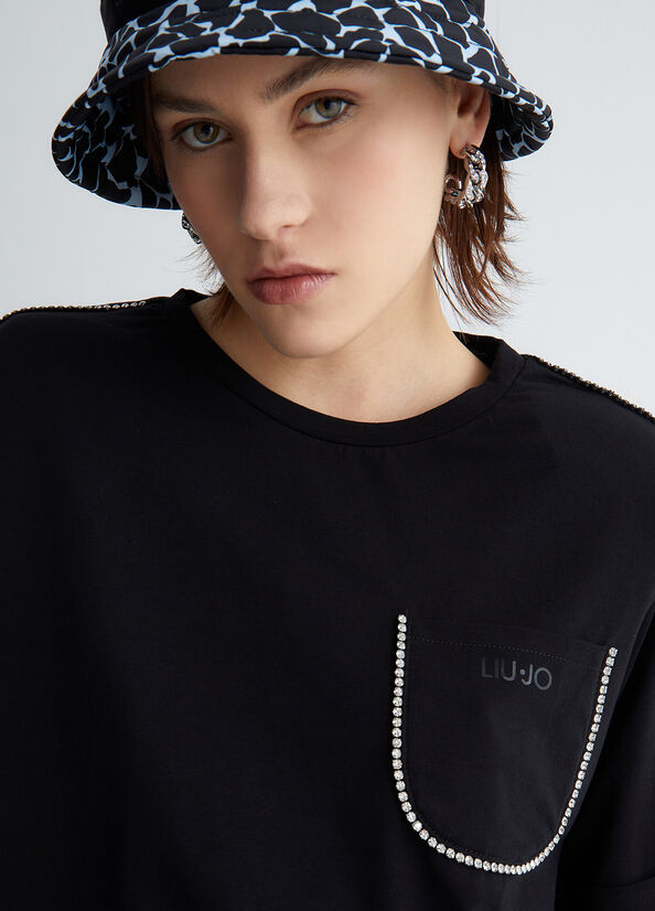 Women's Liu Jo With Pocket And Rhinestones T Shirts Black | RHU-950421