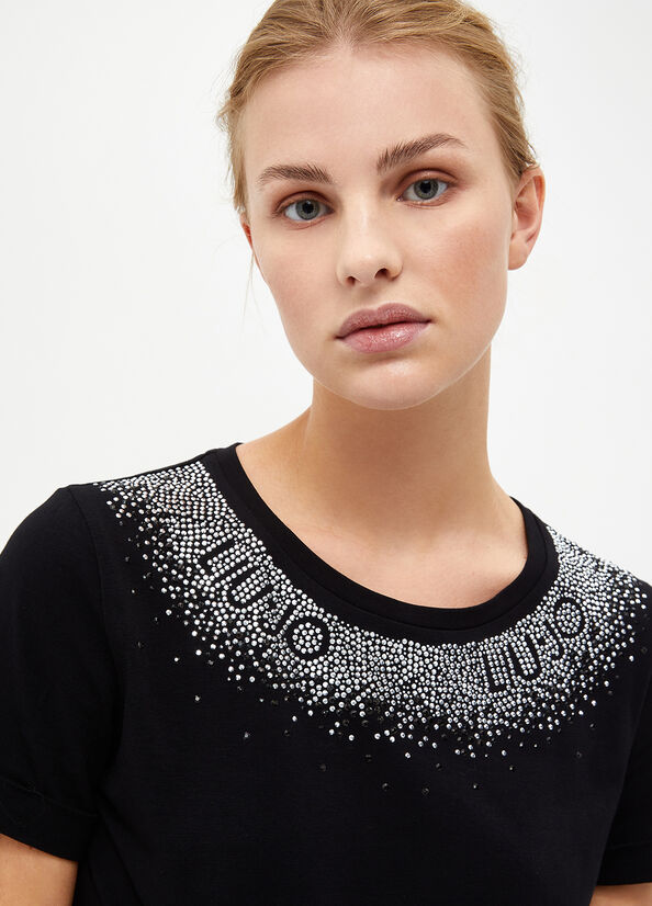 Women's Liu Jo With Rhinestones T Shirts Black | HEB-839701