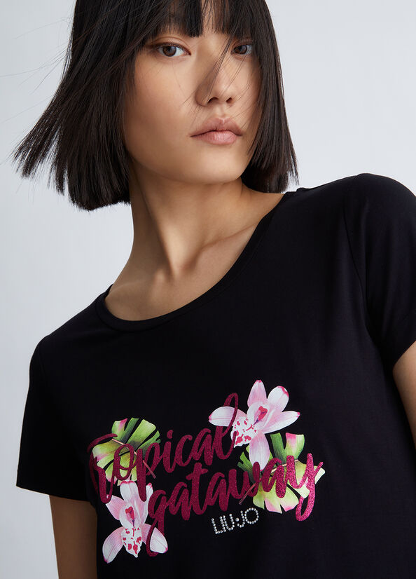 Women's Liu Jo With Tropical Print T Shirts Black | DFZ-435290