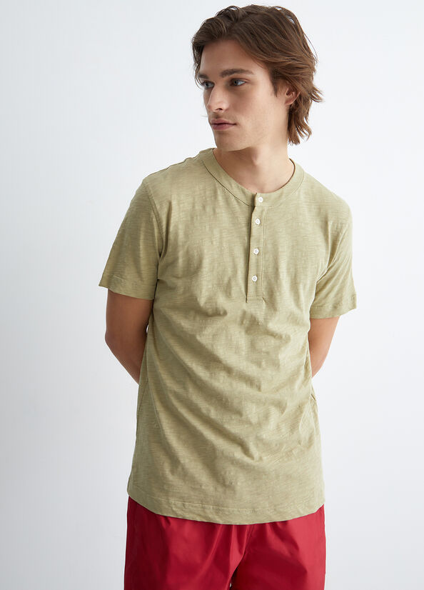 Men's Liu Jo Cotton Henley T Shirts Beige | XNW-614280