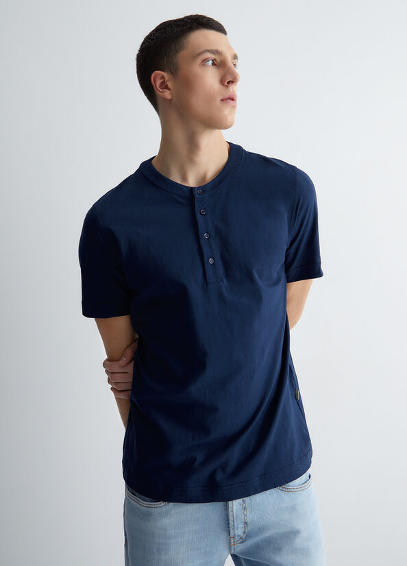 Men's Liu Jo Cotton Henley T Shirts Dark Blue | MTE-483769