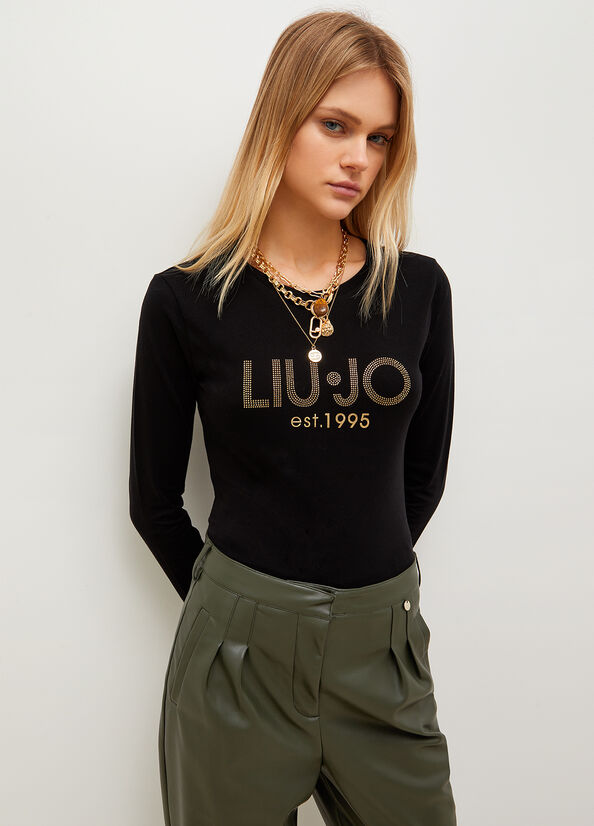 Women's Liu Jo Cotton With Logo T Shirts Black | QYG-213459