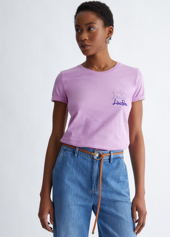 Women's Liu Jo Cotton With Logo Tops Pink | WNX-439685