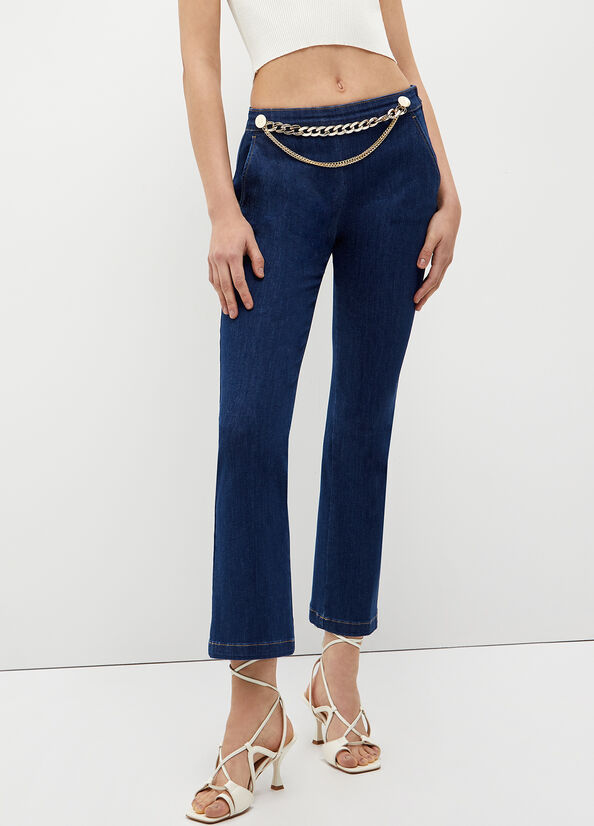 Women's Liu Jo Cropped With Jewel Accessory Straight-Fit Jeans Blue | DCY-197423
