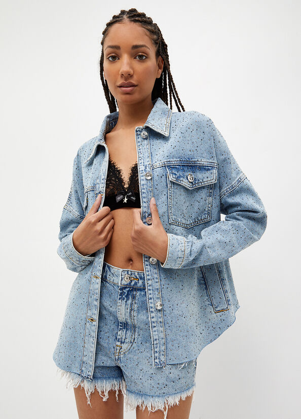 Women's Liu Jo Denim With Rhinestones Jackets Blue | UGY-095326