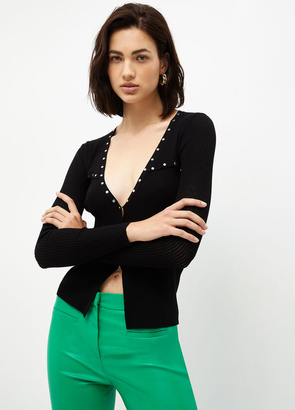 Women's Liu Jo Eco-Friendly Cardigan With Studs Sweaters Black | JZG-593461