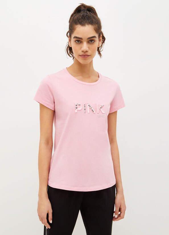 Women's Liu Jo Eco-Friendly With Gemstones T Shirts Pink | KBI-267591