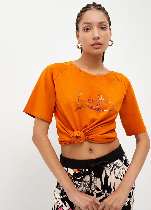 Women's Liu Jo Eco-Friendly With Gemstones T Shirts Orange | PQT-198450