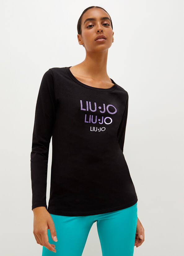 Women's Liu Jo Eco-Friendly With Logo T Shirts Black | XSC-104957