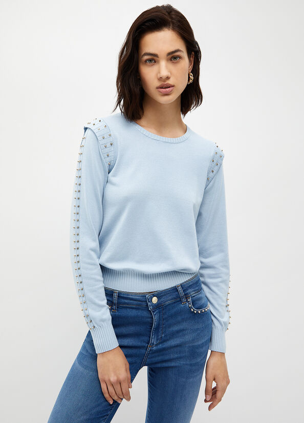 Women's Liu Jo Eco-Friendly With Studs Sweaters Light Blue | GQH-173806