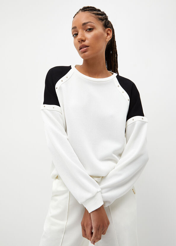 Women's Liu Jo Eco-Friendly With Studs Sweatshirts White / Black | ZBA-230476