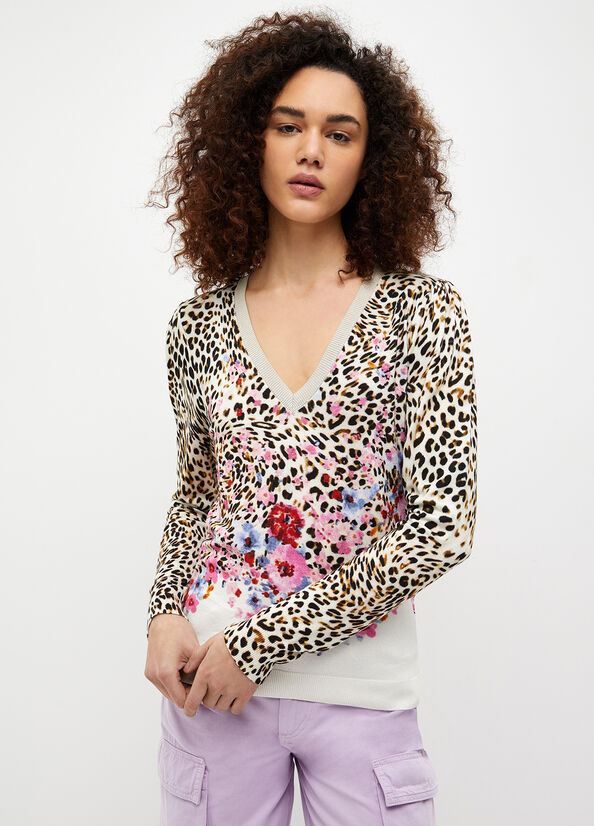 Women's Liu Jo Floral Animal Print Sweaters Beige | AMQ-149357