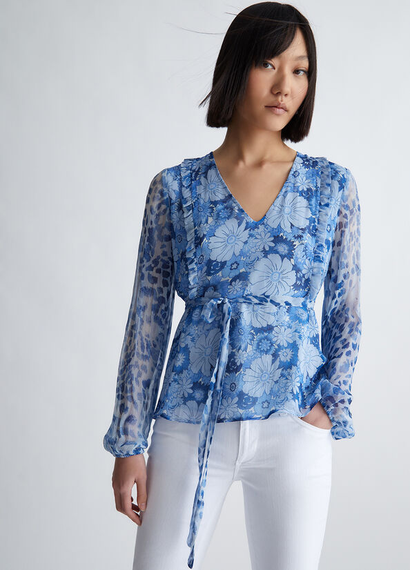 Women's Liu Jo Floral Crepon Blouse Shirts Dark Blue | QFA-514609