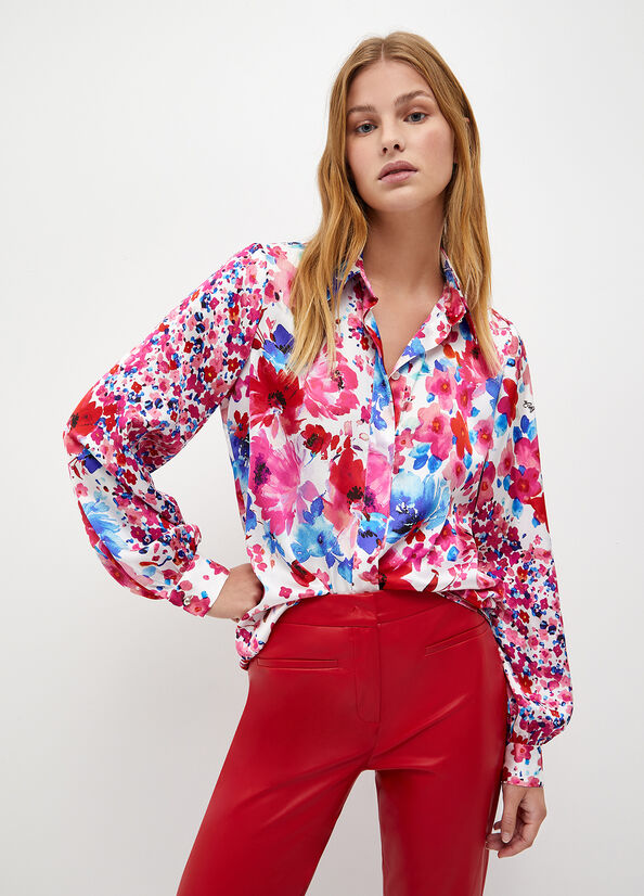 Women's Liu Jo Floral Satin Shirts Fuchsia | BHQ-539842