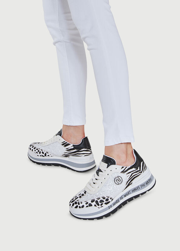 Women's Liu Jo Glitter With Animal-Print Sneakers White / Black | QKE-537068