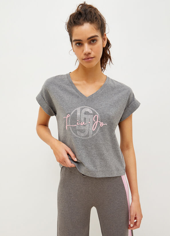 Women's Liu Jo Jersey With Logo T Shirts Grey | DRA-183026