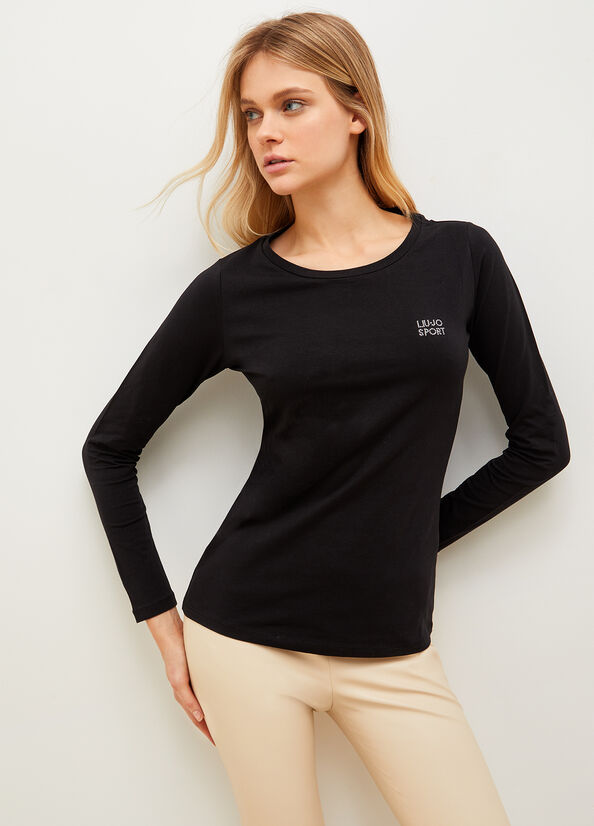 Women's Liu Jo Jersey With Logo T Shirts Black | JZP-635209