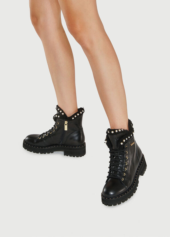 Women's Liu Jo Leather With Jewelled Pearls Ankle Boots Black | FTY-784120