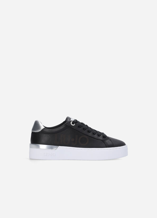 Women's Liu Jo Leather With Logo Sneakers Black | HQA-629157