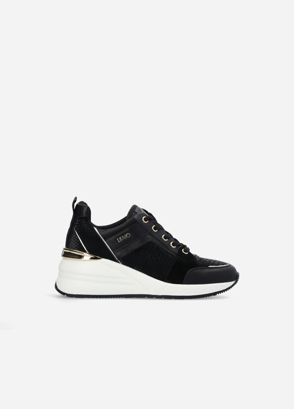 Women's Liu Jo Leather With Wedge Sneakers Black | PTI-274931