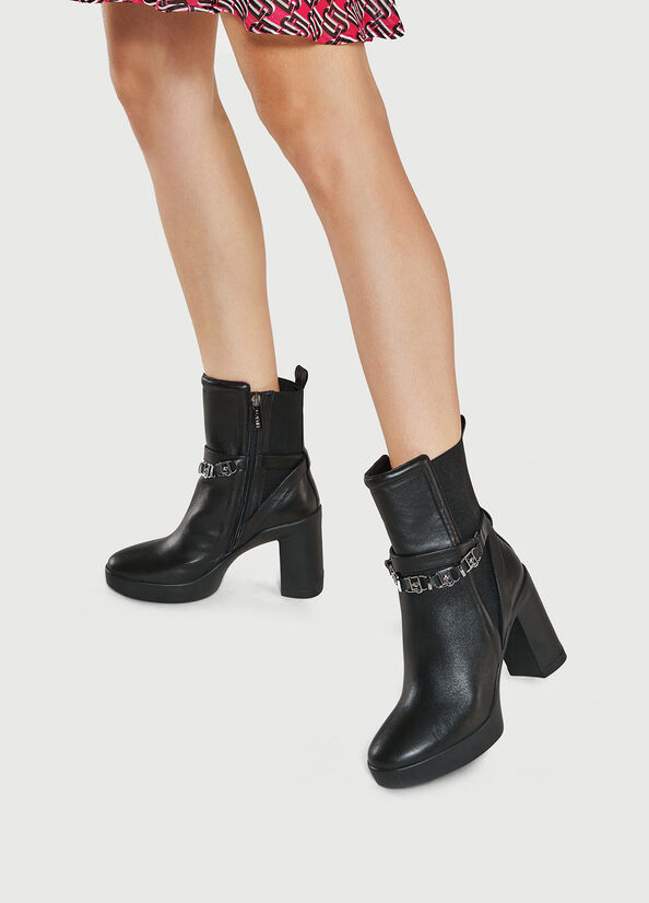 Women's Liu Jo Leather With Wide Heel Ankle Boots Black | ZJL-207364