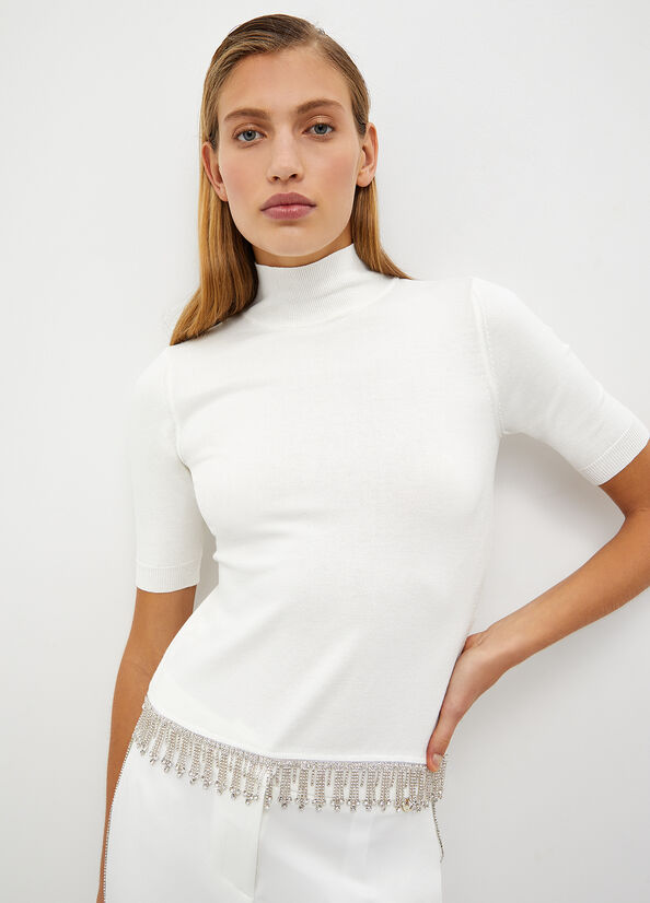 Women's Liu Jo Mock Turtleneck With Jewel Fringes Sweaters White | HVZ-065918