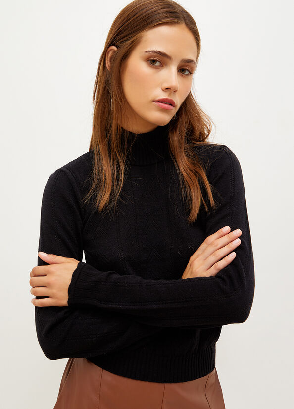 Women's Liu Jo Mock Turtleneck With Penwork Pattern Sweaters Black | ATE-416873