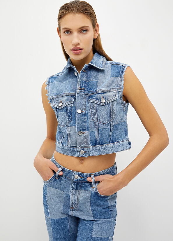 Women's Liu Jo Patchwork Denim Gilet Jackets Blue | FIT-491527