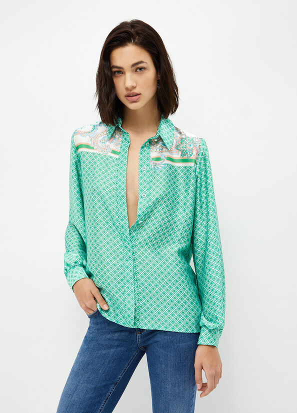 Women's Liu Jo Printed Satin Shirts Light Turquoise | ADK-516290