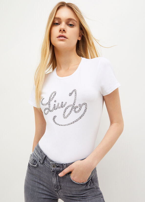 Women's Liu Jo Stretch Cotton With Logo T Shirts White / Black | TPC-231970