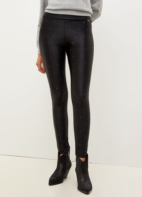 Women's Liu Jo Stretch Jersey Leggings With Rhinestones Pants Black | MUX-023671