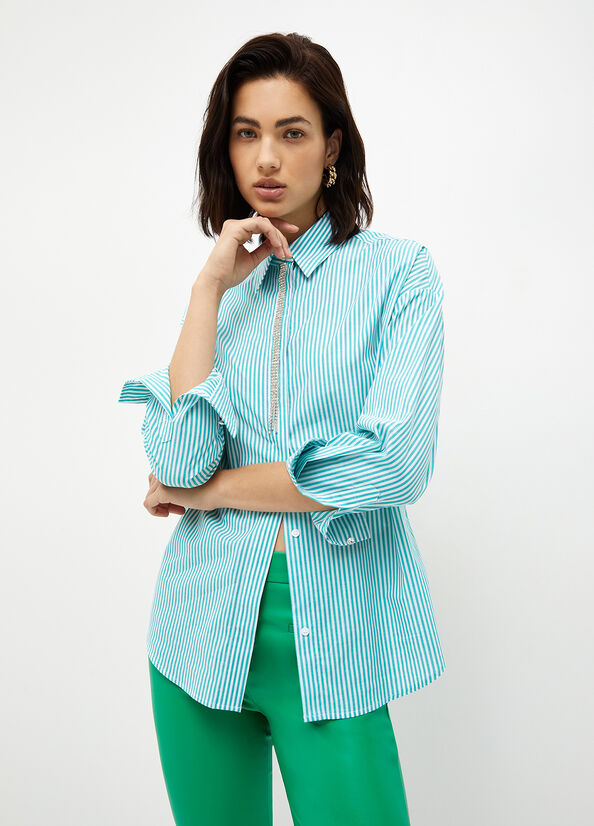 Women's Liu Jo Striped Poplin Shirts Mint | HQV-745360