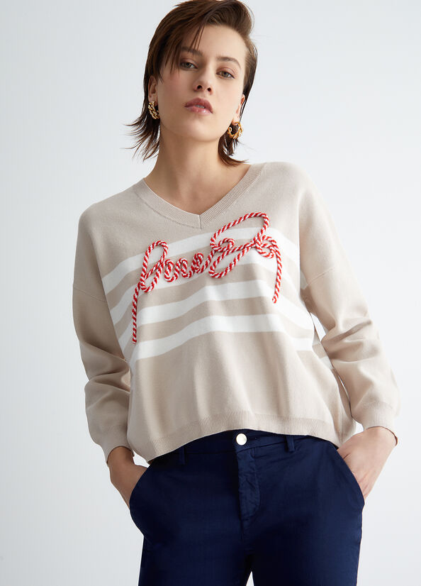 Women's Liu Jo Striped With Cord Logo Sweaters Beige | IBN-608127