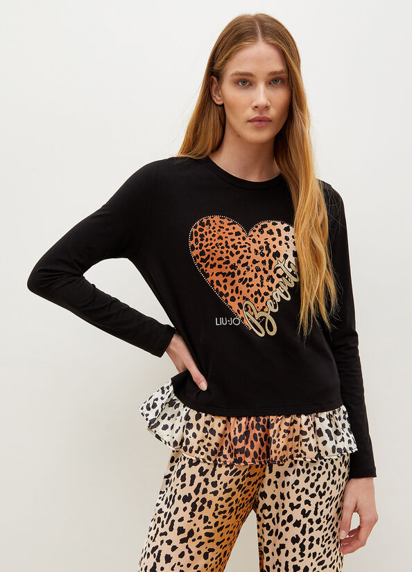 Women's Liu Jo With Animal-Print Heart T Shirts Black | GXB-476932