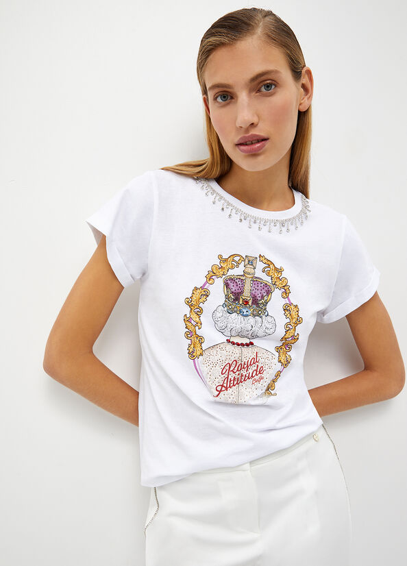 Women's Liu Jo With Jewel Fringes T Shirts White | GAF-628134