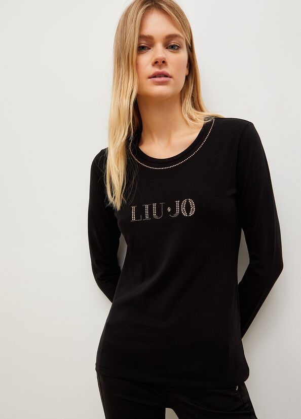 Women's Liu Jo With Logo And Gemstones T Shirts Black | AUX-628904