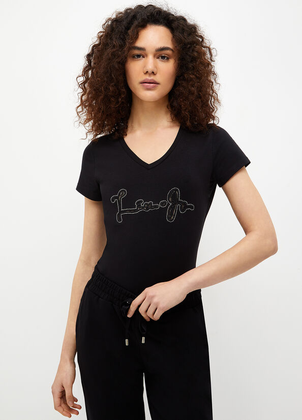 Women's Liu Jo With Logo And Gemstones T Shirts Black | RGT-176095