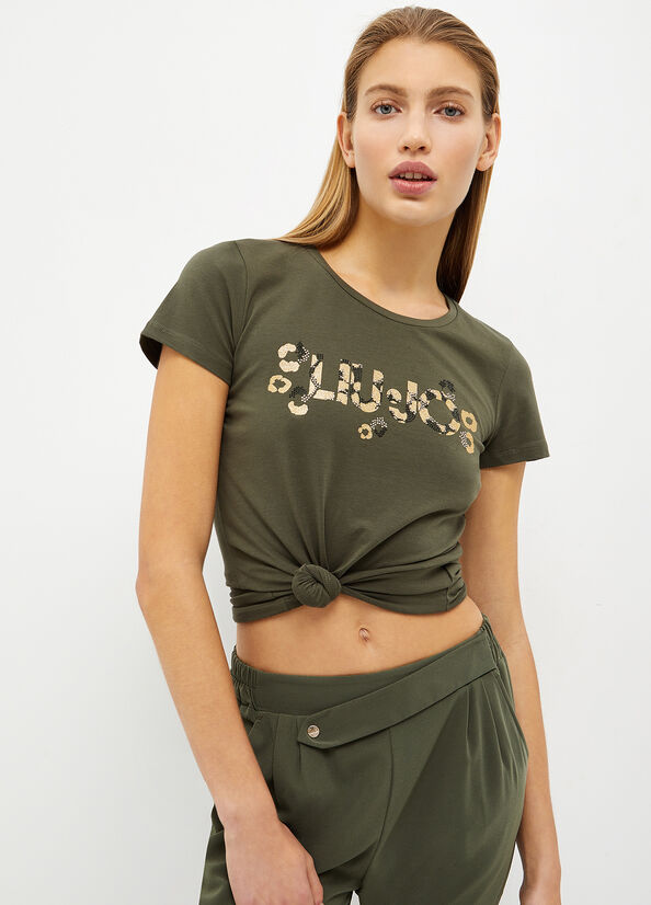 Women's Liu Jo With Logo And Gemstones T Shirts Olive | RJA-809145