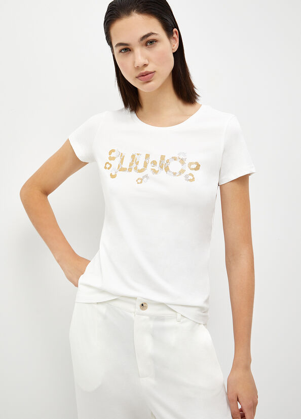 Women's Liu Jo With Logo And Gemstones T Shirts White | ZBC-807693