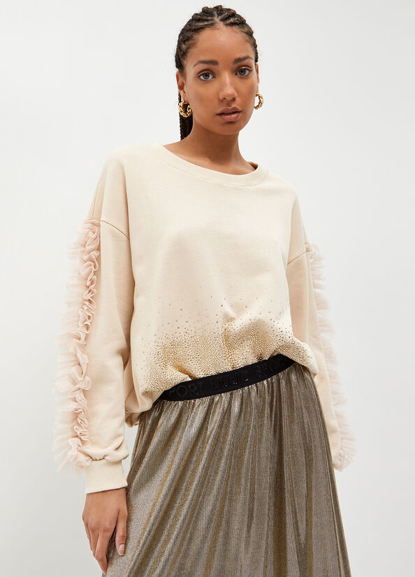 Women's Liu Jo With Rhinestones And Tulle Sweatshirts Beige | IOK-841952