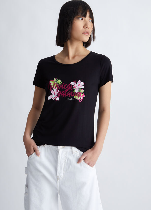 Women's Liu Jo With Tropical Print T Shirts Black | DFZ-435290