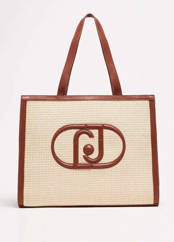 Women's Liu Jo WovenWith Logo Shopper Bag Beige | NSR-106827